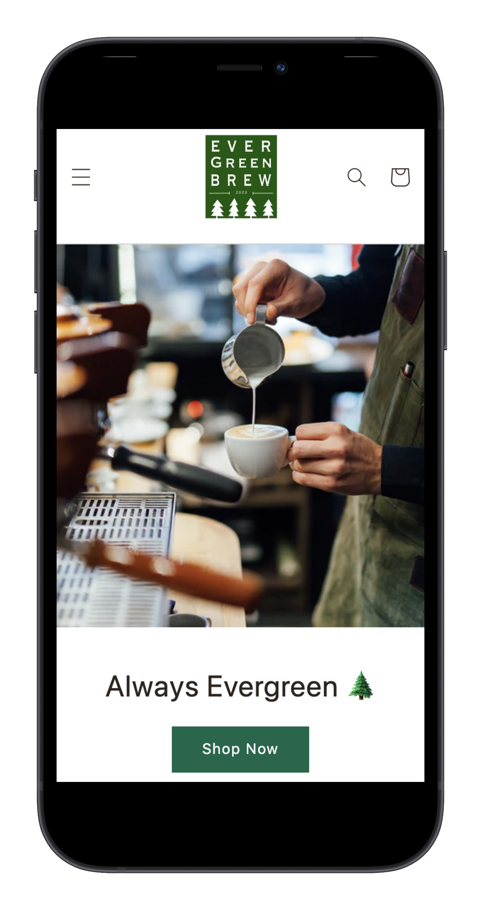 iphone 12 pro responsive view of Evergreen Brew store